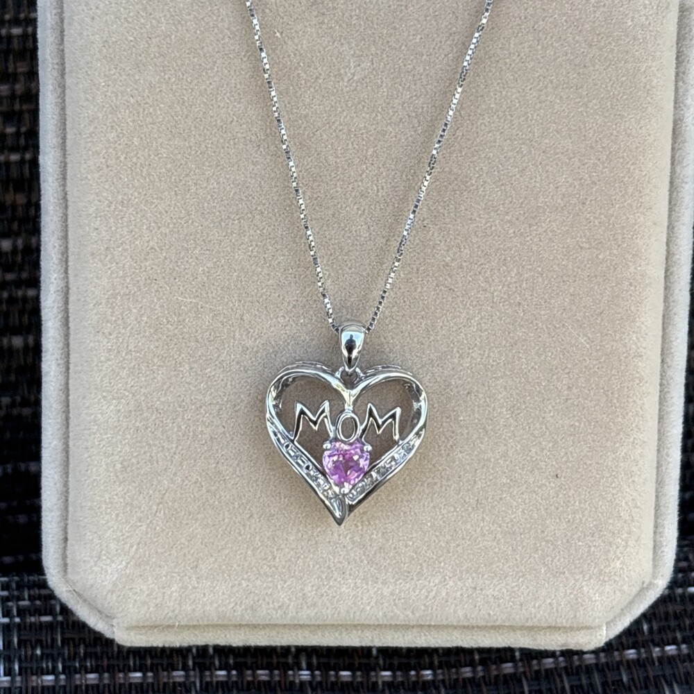 925 Sterling Silver Lab-Created Pink & White Sapphire "MOM" Heart Pendant